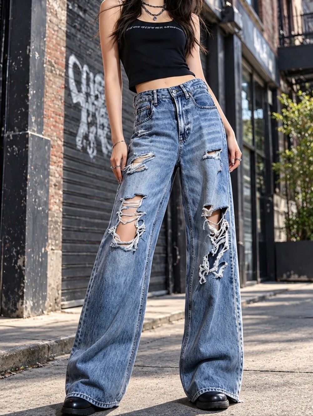 American Eagle Super High Rise Baggy Wide Leg Distressed Jeans 26 NWT